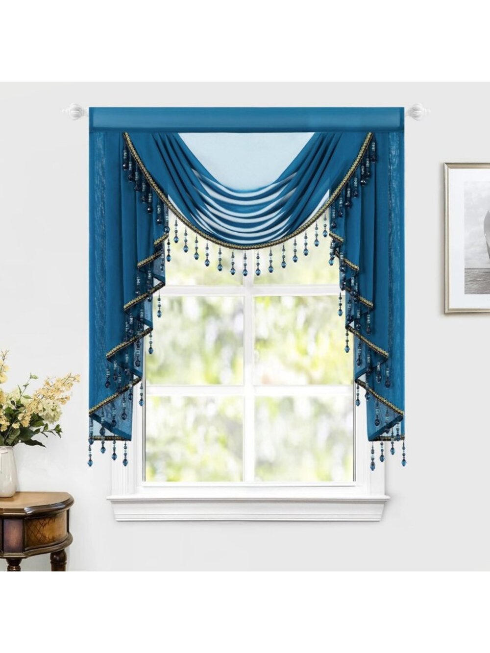 Navy Blue 39" Waterfall Valance with Beaded Trim, Sheer Voile Swag Topper